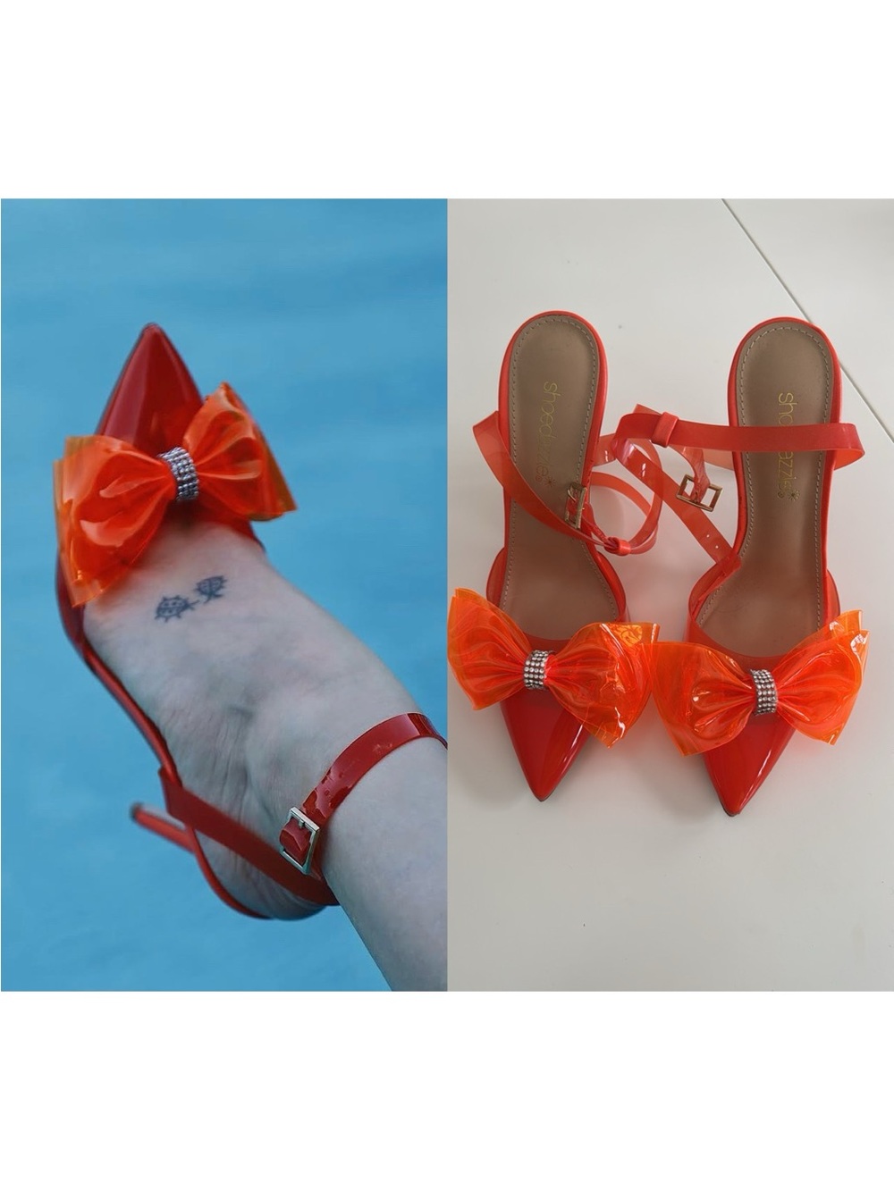 ShoeDazzle Neon Orange Clear Bow Heels Pumps Sandals Size 6.5